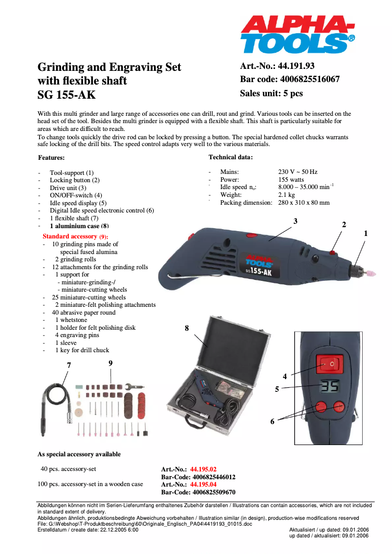 Page 1 de la notice Manuel utilisateur Alpha Tools SG 155 AK