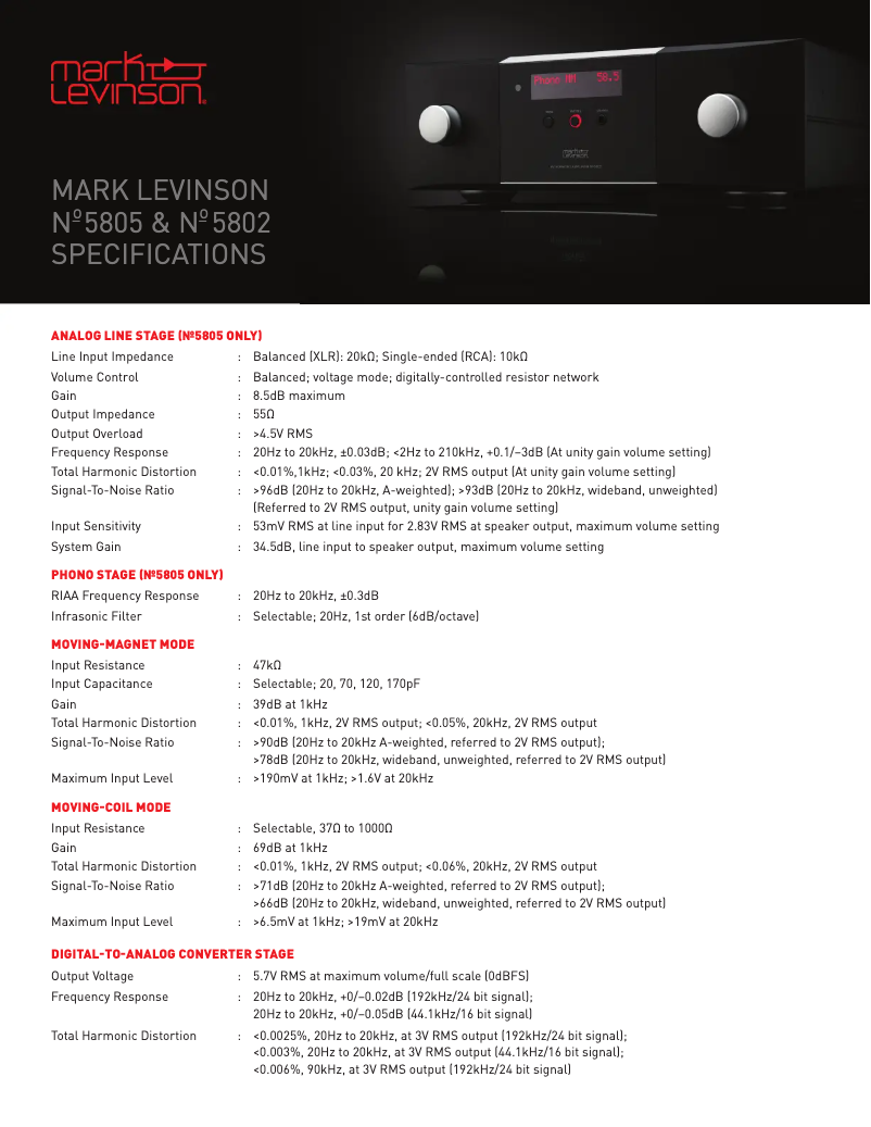 Página 1 del manual Ficha técnica Mark Levinson No5805