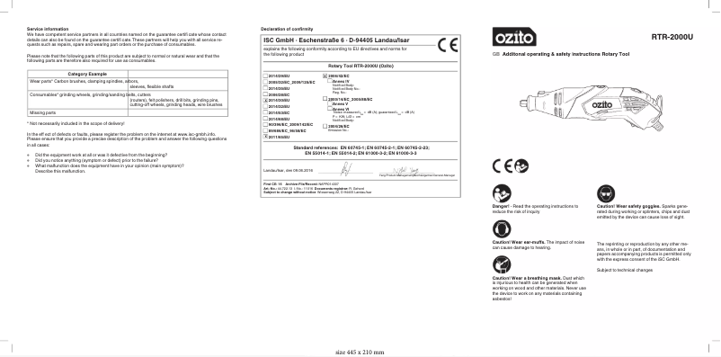 Page 1 de la notice Manuel utilisateur Ozito RTR-2000U