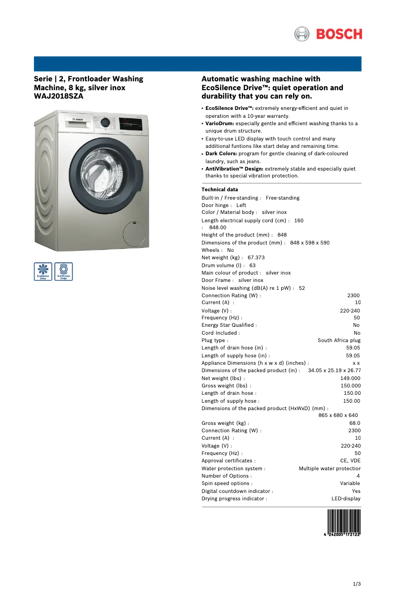 Page n°1 - Fiche technique Bosch WAJ2018SZA