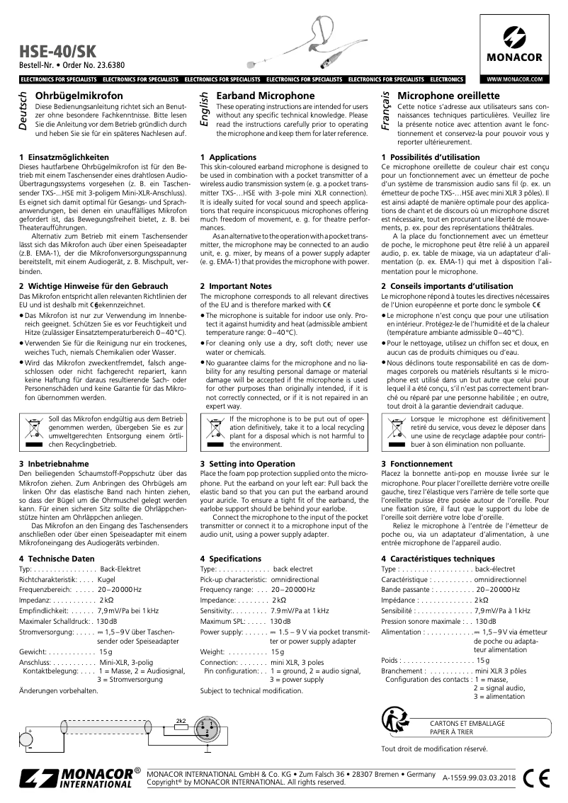 Page n°1 - Manuel utilisateur Monacor HSE-40/SK
