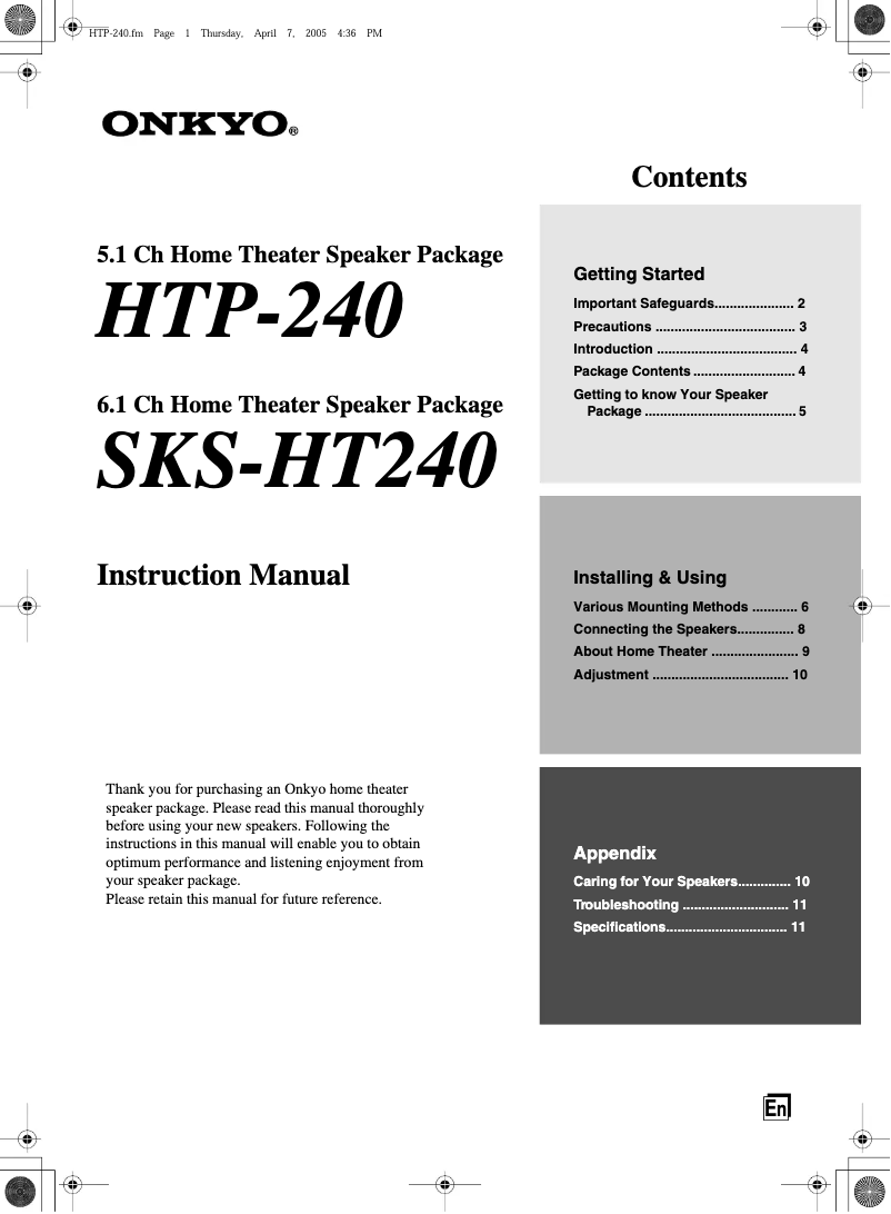 Image de la première page du manuel de l'appareil SKS-HT240