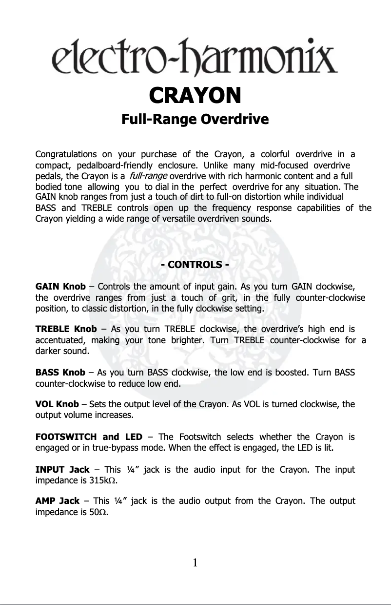 Page 1 de la notice Manuel utilisateur Electro Harmonix Crayon 69