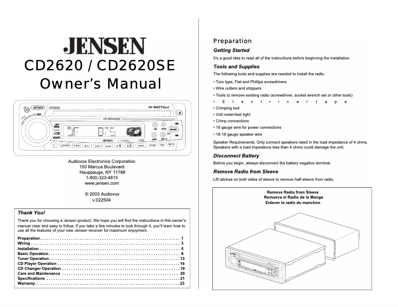 Page n°1 - Manuel utilisateur Jensen CD2620SE