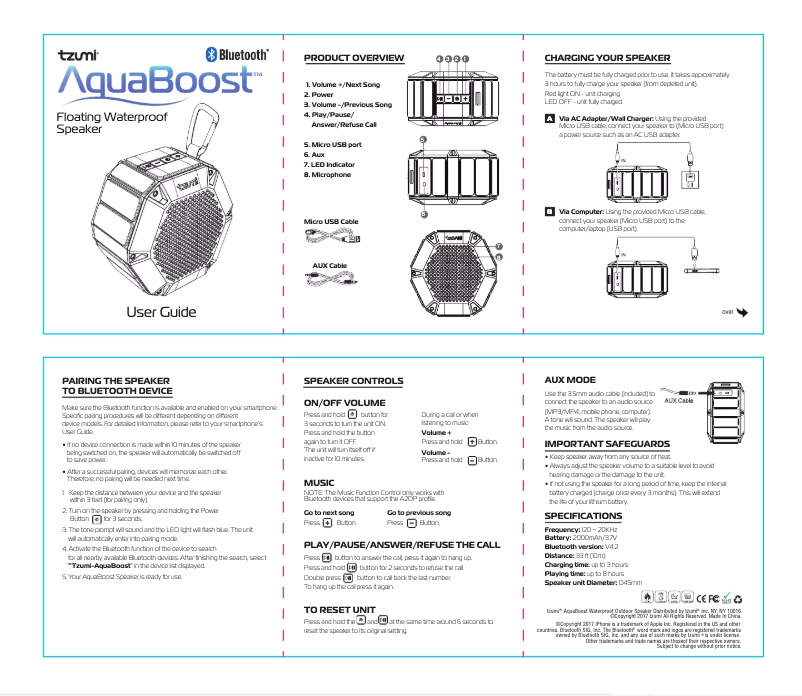Page n°1 - Manuel utilisateur Tzumi AquaBoost