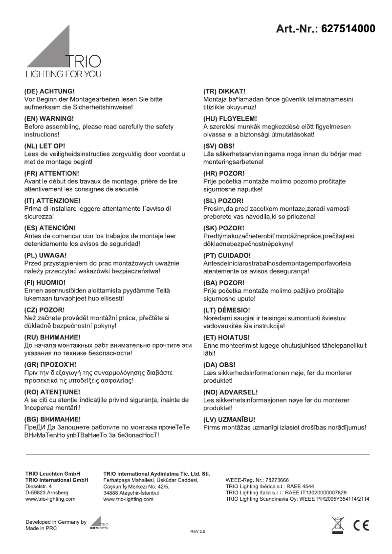 Page 1 de la notice Manuel utilisateur Trio Lighting Lunar 627514000