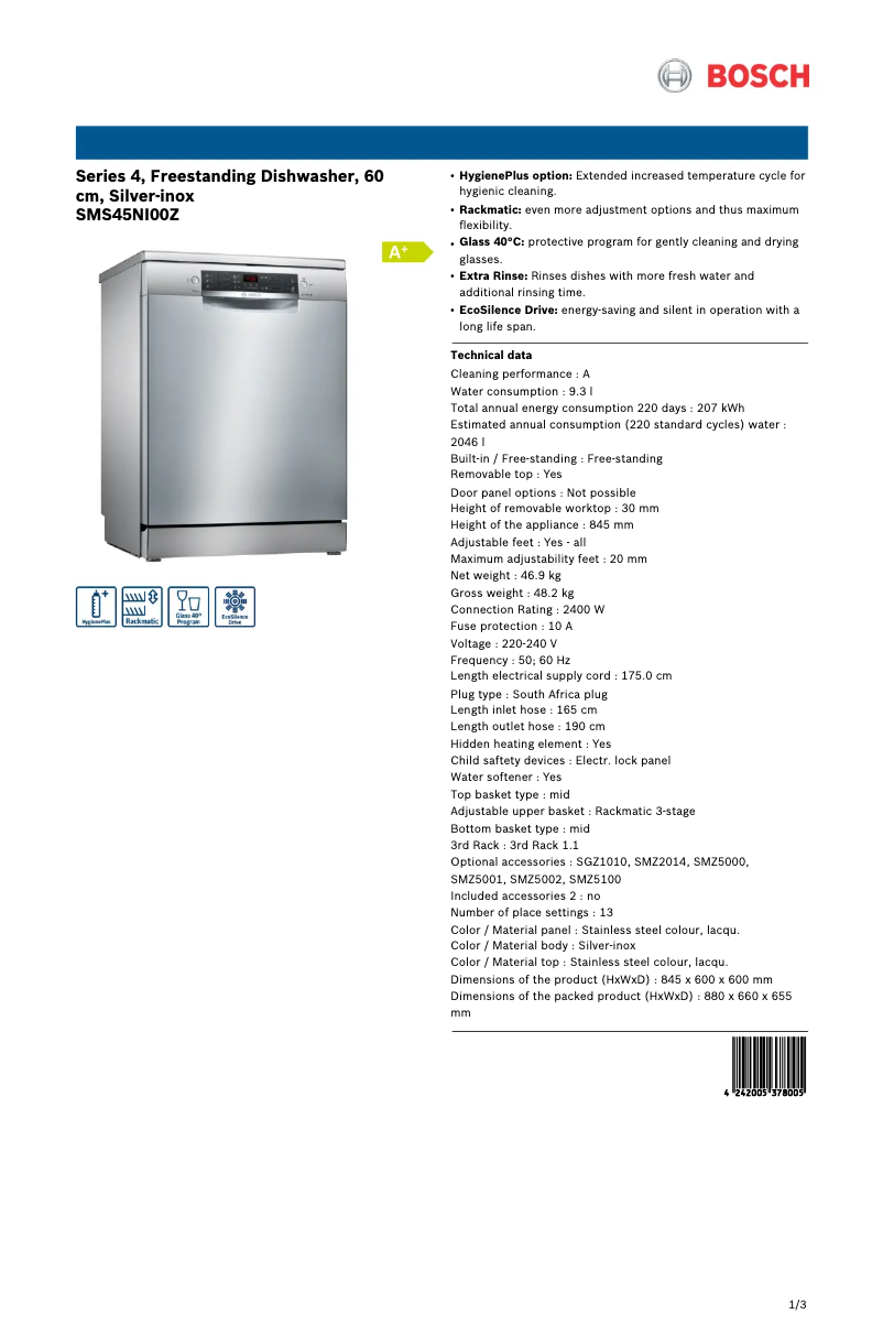 Página 1 del manual Ficha técnica Bosch SMS45NI00Z