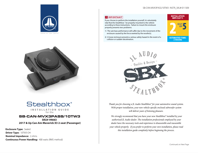 Page n°1 - Manuel utilisateur JL Audio Stealthbox SB-CAN-MVX3PASS/10TW3