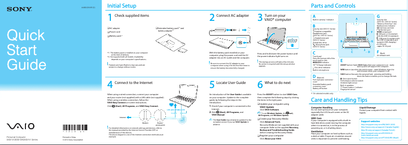 Page 1 de la notice Guide d'installation Sony Vaio SVS151190S
