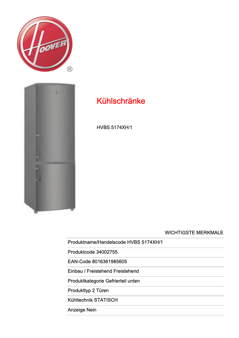 Page n°1 - Fiche technique Hoover HVBS 5174XH/1