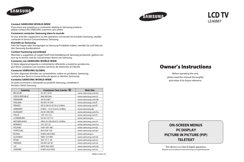 Page 1 de la notice Manuel utilisateur Samsung LE40M71B