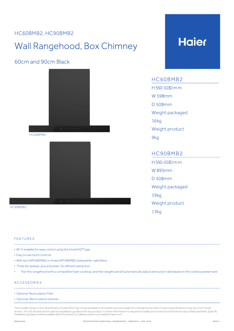 Page 1 de la notice Fiche technique Haier HC90BMB2