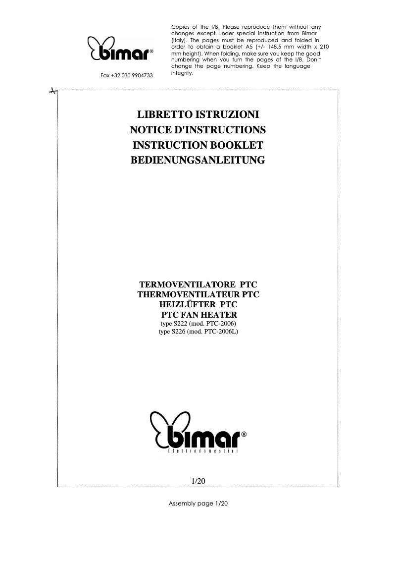 Page 1 de la notice Manuel utilisateur Bimar S222.EU