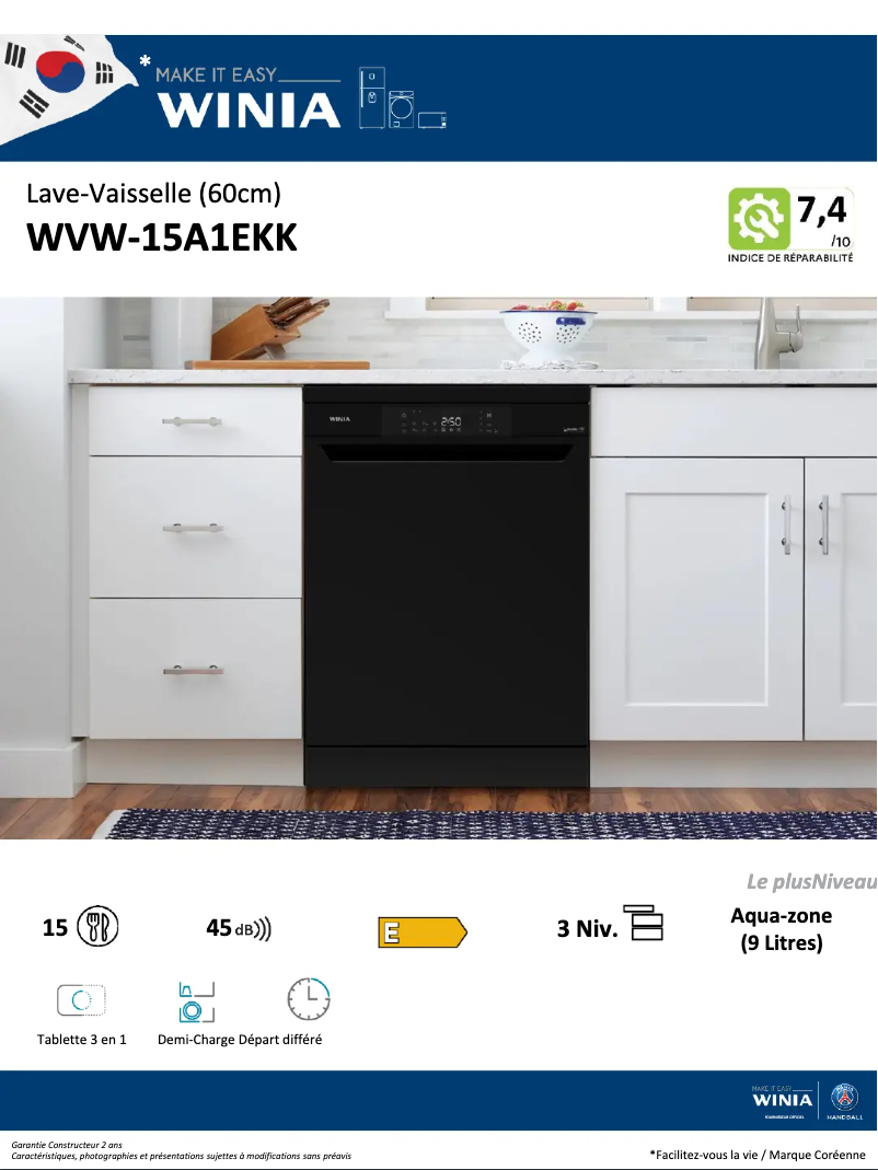 Page 1 de la notice Fiche technique Winia WVW-15A1EKK
