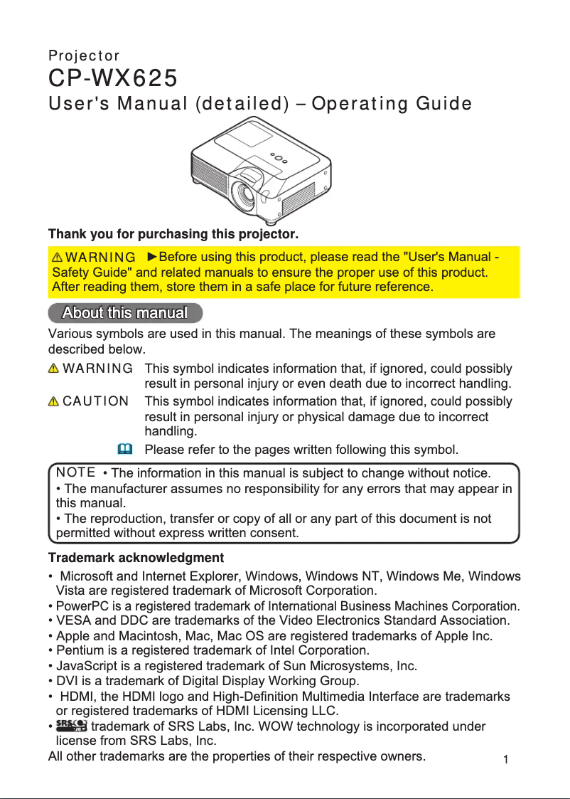 Page 1 de la notice Manuel utilisateur Hitachi CP-WX625