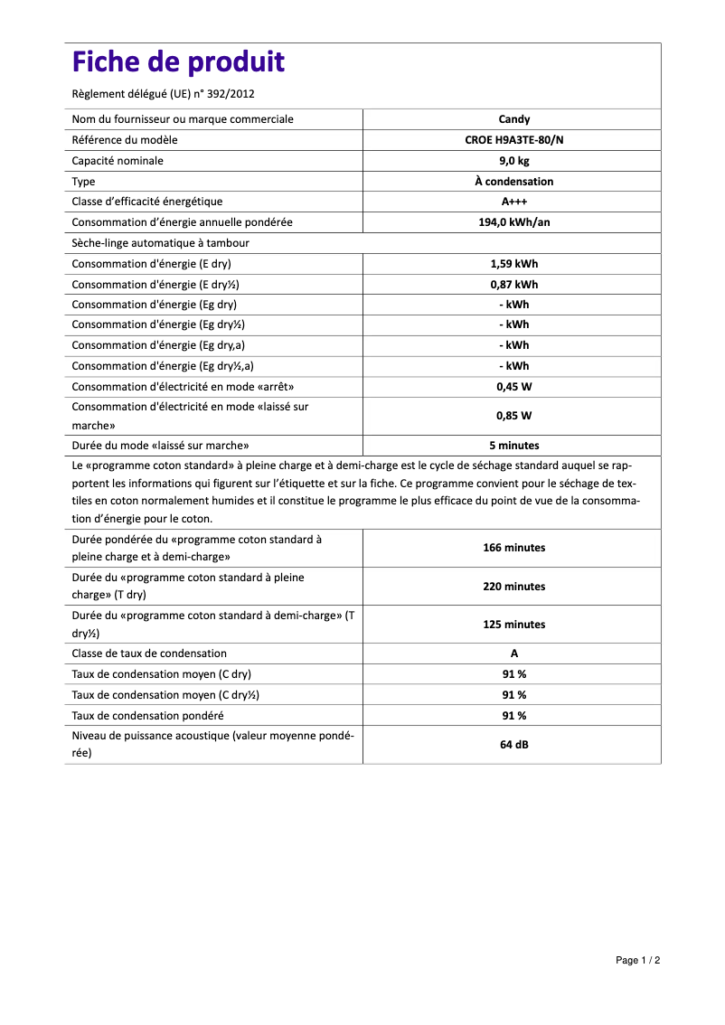 Image de la première page du manuel de l'appareil CROE H9A3TE-N