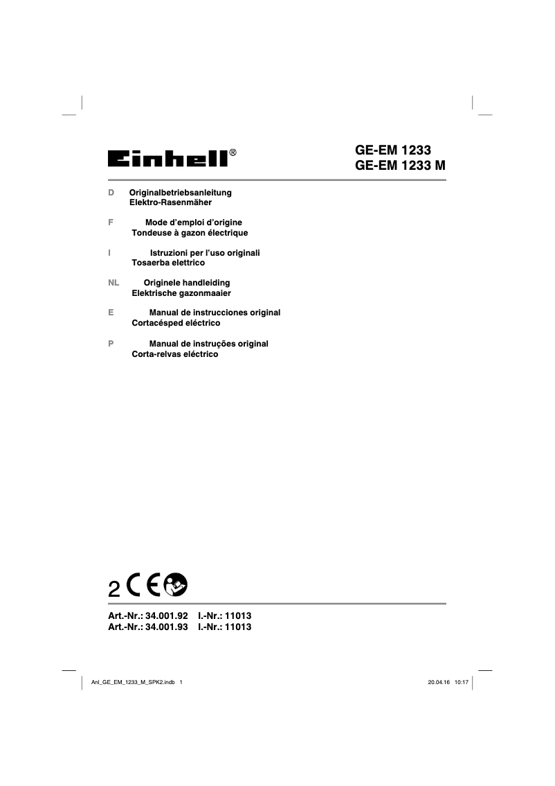Page 1 de la notice Manuel utilisateur Einhell EM-1233M GE