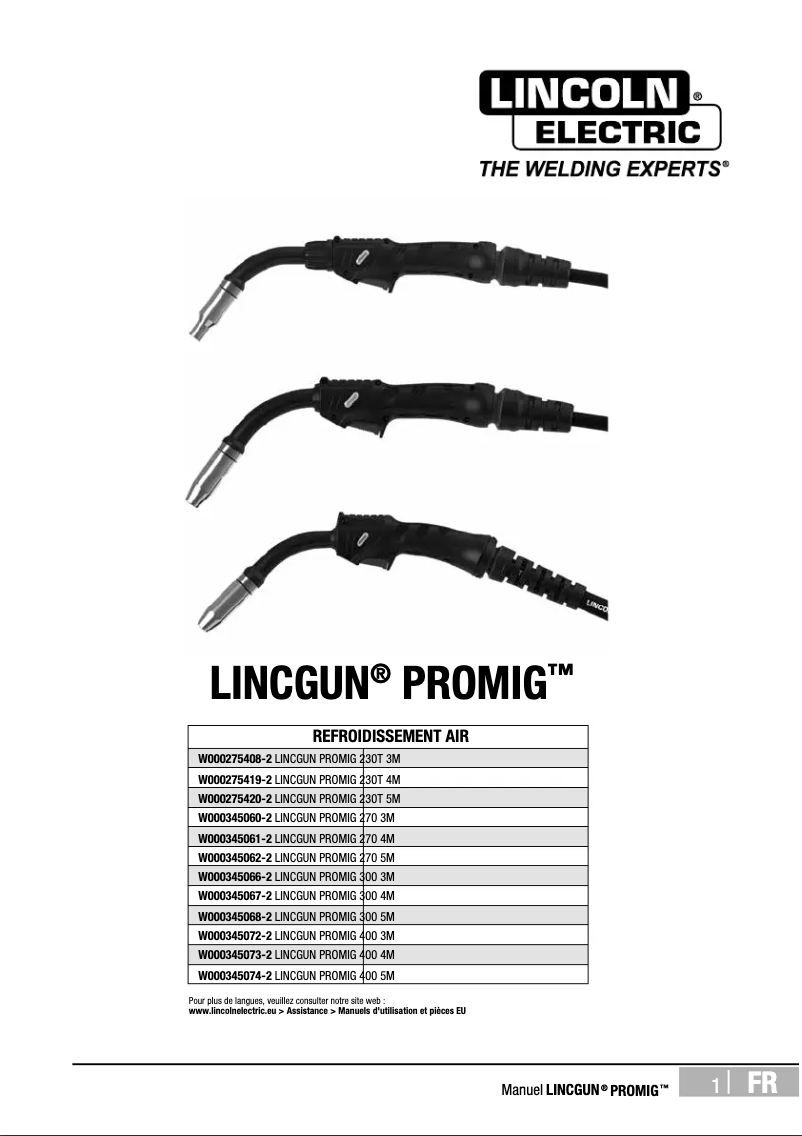 Page 1 de la notice Manuel utilisateur Lincoln Electric LINCGUN PROMIG AIR