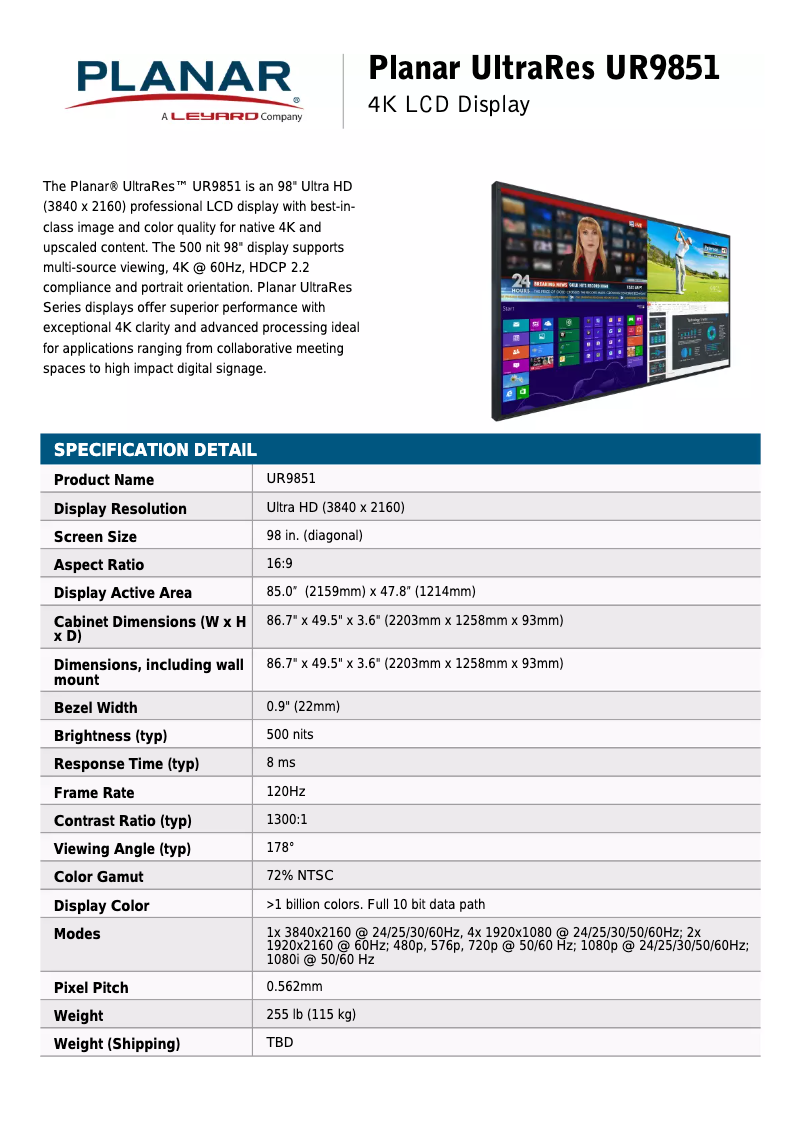 Page 1 de la notice Fiche technique Planar UltraRes UR9851