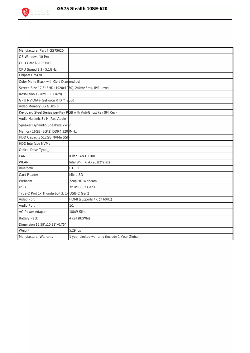 Page n°1 - Fiche technique MSI GS75 Stealth