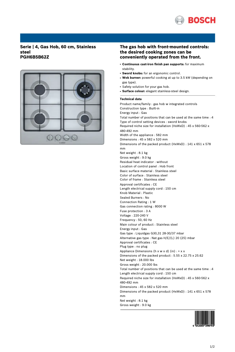 Page 1 de la notice Fiche technique Bosch PGH6B5B62Z