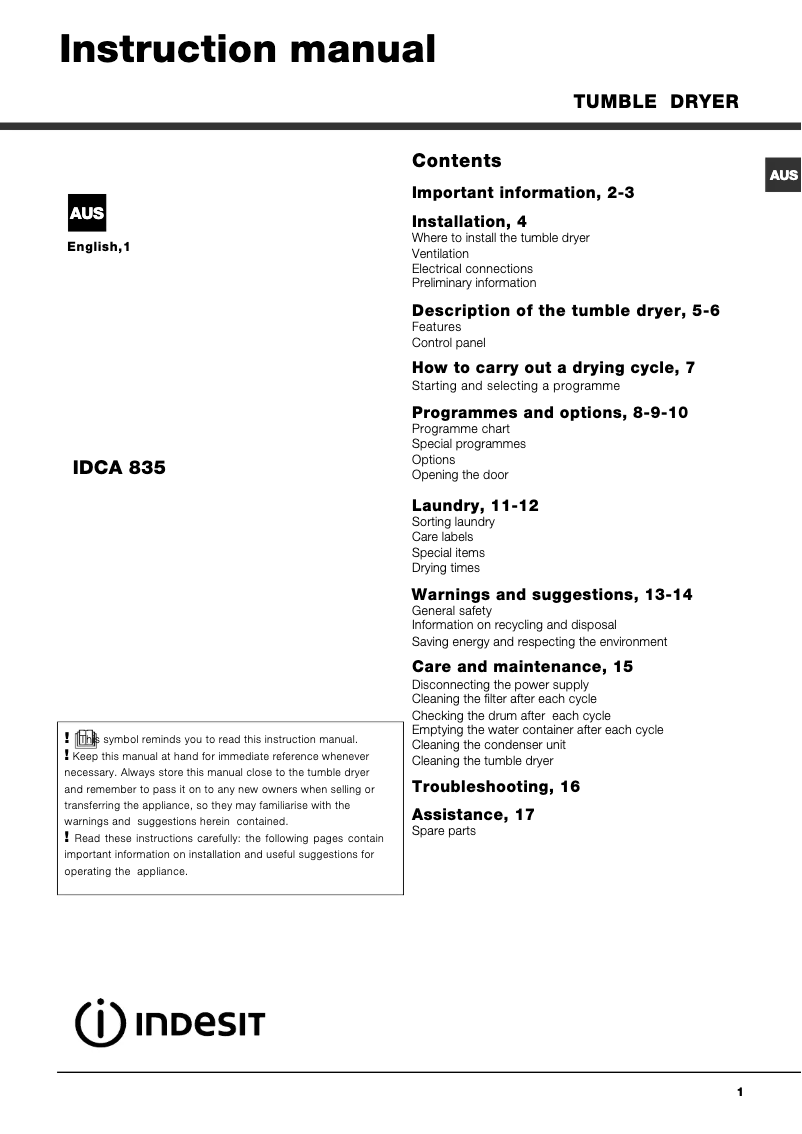 Página 1 del manual Manual de usuario Indesit IDCA 835 B (AUS)