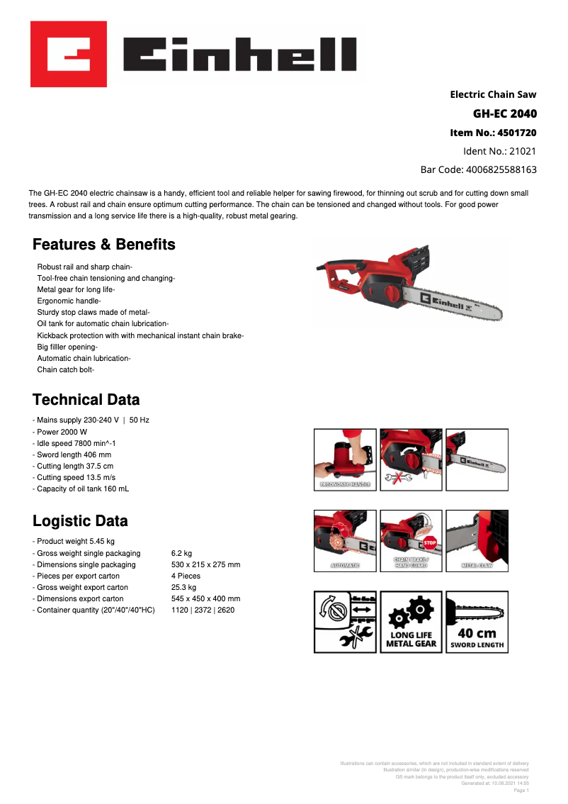 Page 1 de la notice Fiche technique Einhell GH-EC 2040