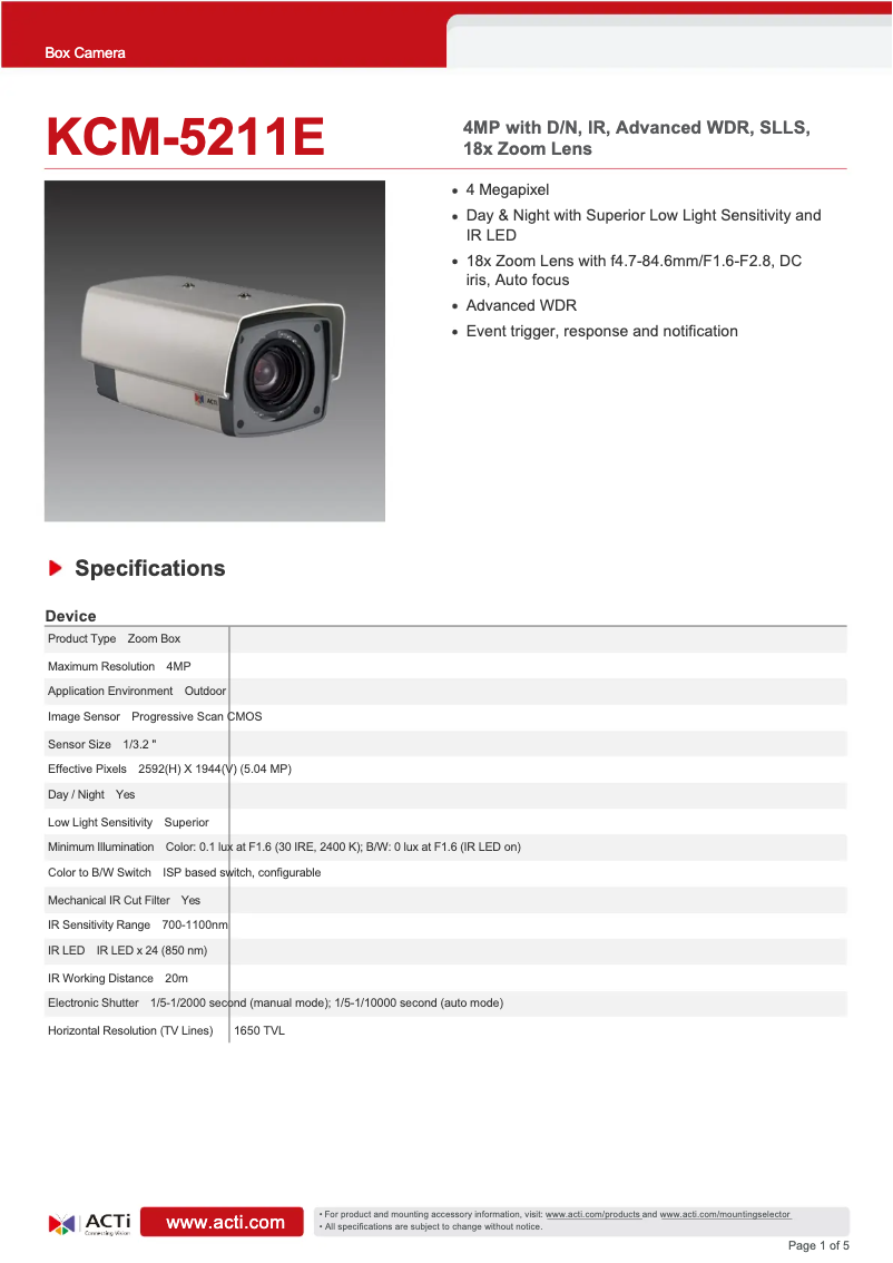 Page n°1 - Fiche technique ACTi KCM-5211E