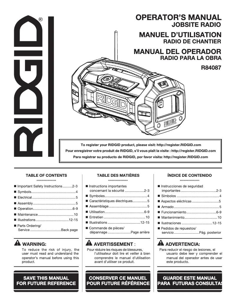 Page n°1 - Manuel utilisateur Ridgid R84087