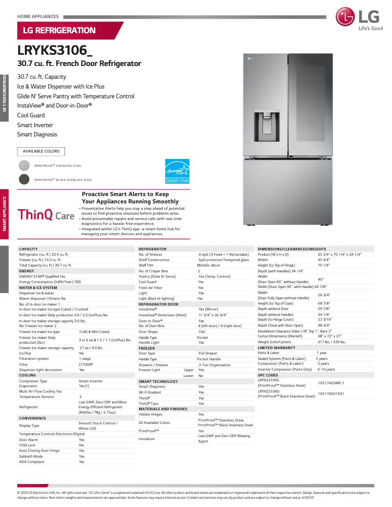 Page 1 de la notice Fiche technique LG LRYKS3106D