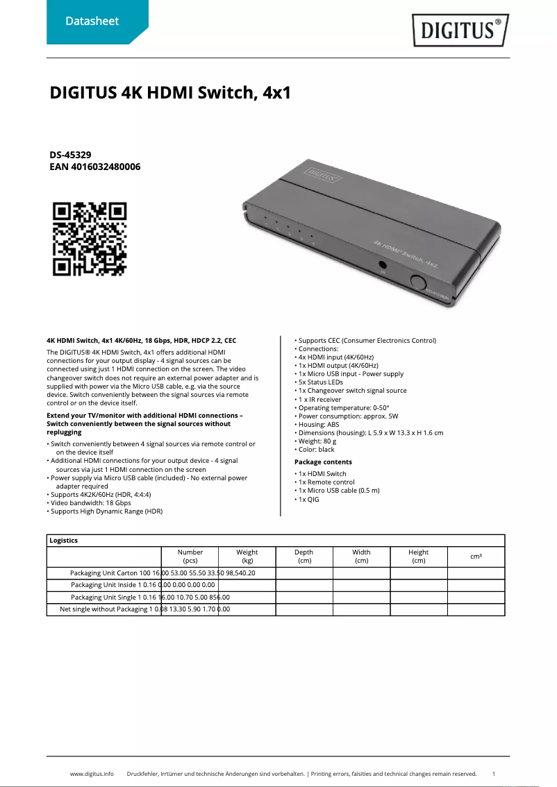 Page 1 de la notice Fiche technique Digitus DS-45329