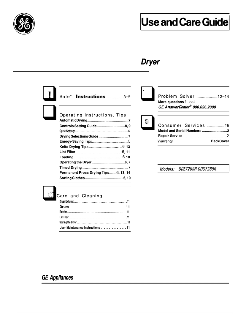 Page 1 of the manual User Manual GE DDE7209R