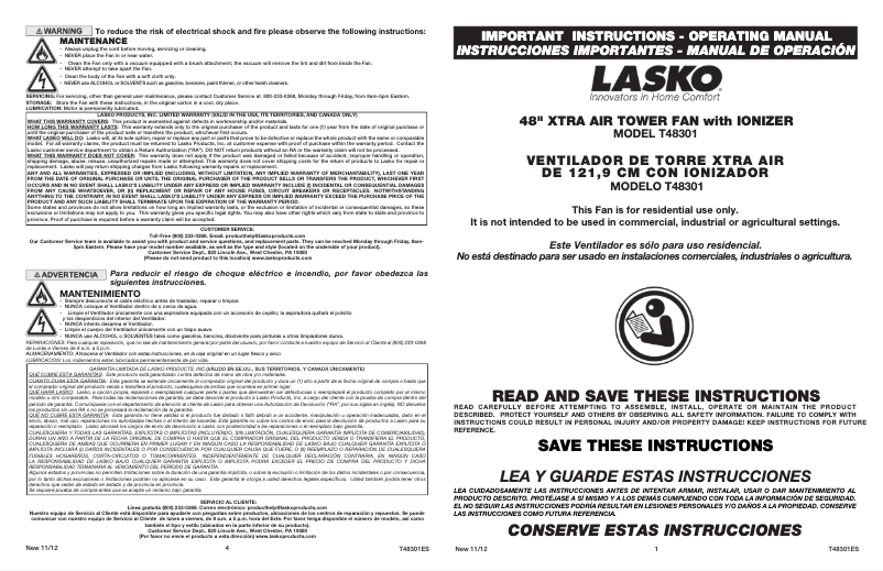 Page 1 de la notice Manuel utilisateur Lasko T48301