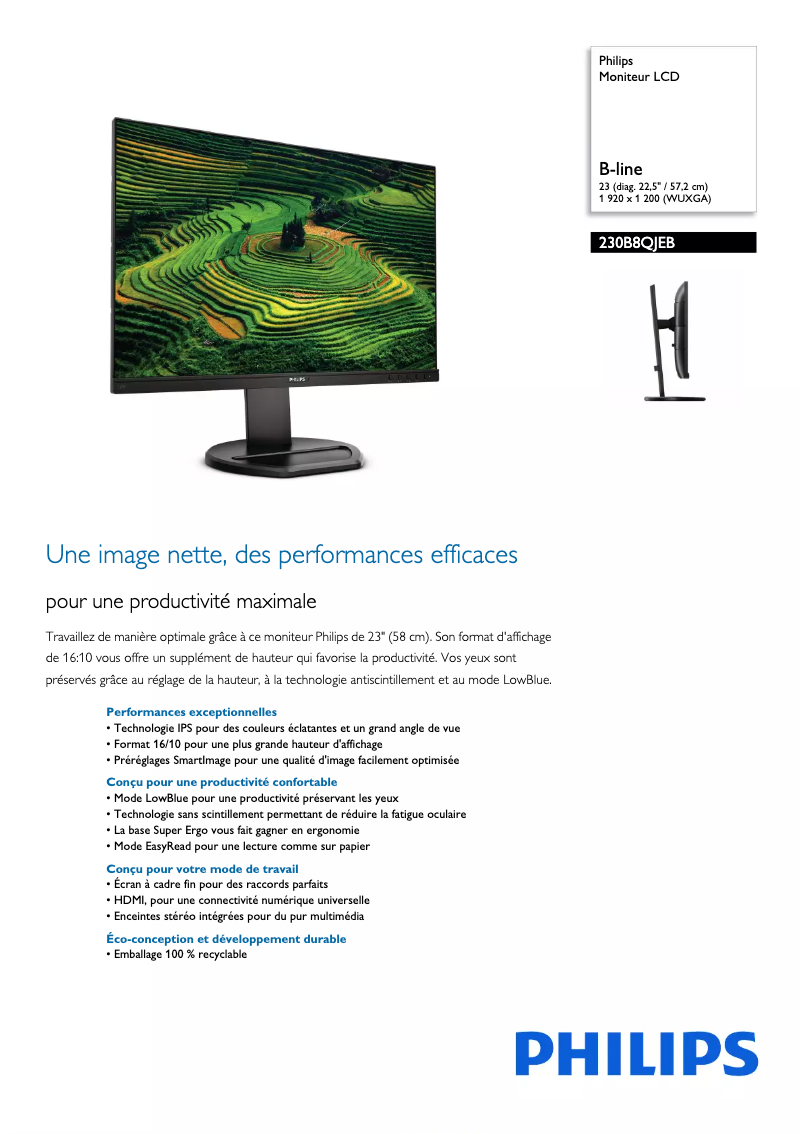 Page 1 de la notice Fiche technique Philips 230B8QJEB