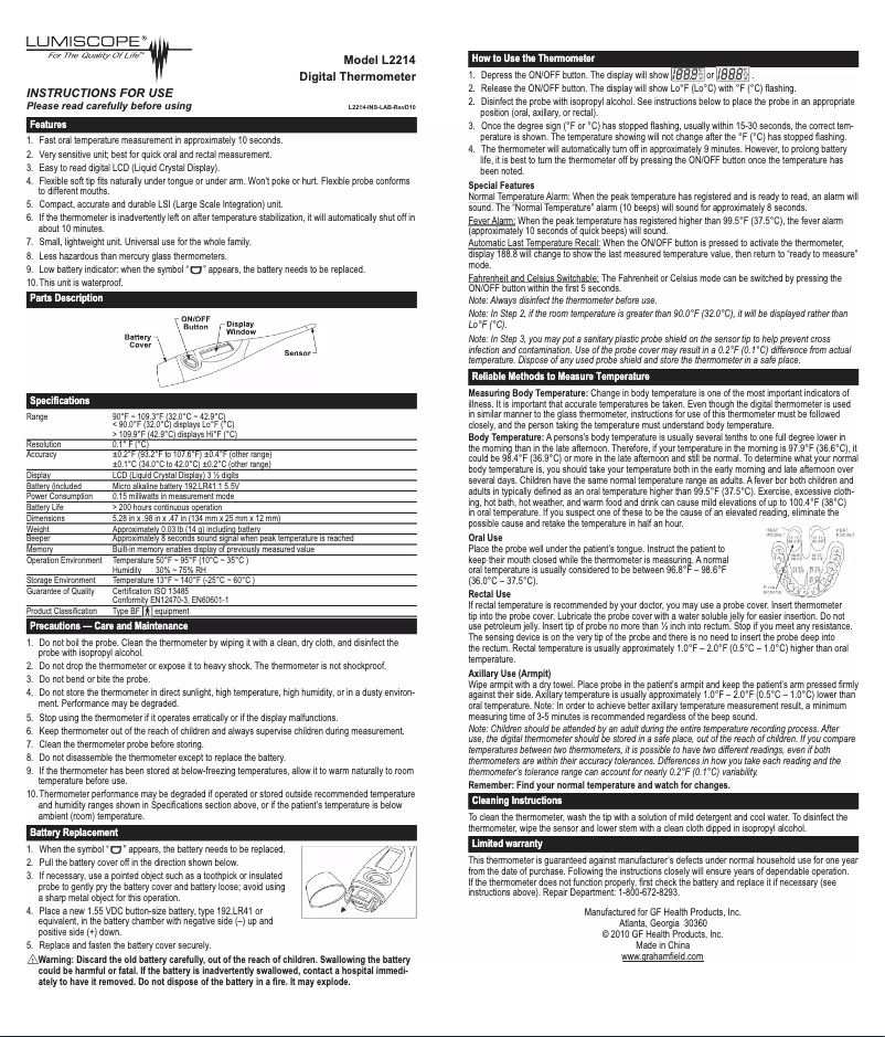 Page 1 de la notice Manuel utilisateur Lumiscope L2214