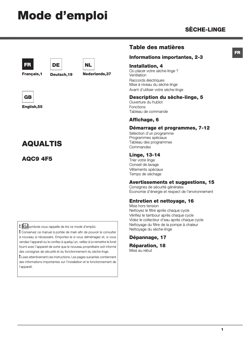 Image de la première page du manuel de l'appareil AQC9 4F5