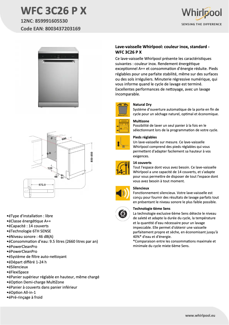 Page n°1 - Fiche technique Whirlpool WFC 3C26 P X