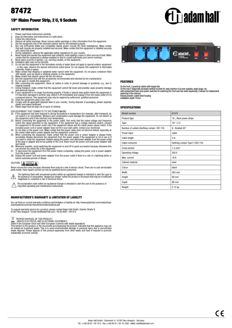 Page 1 de la notice Manuel utilisateur Adam Hall 87472