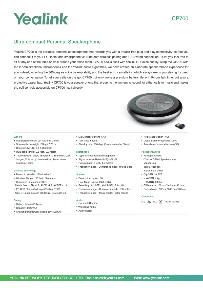 Page 1 de la notice Fiche technique Yealink CP700