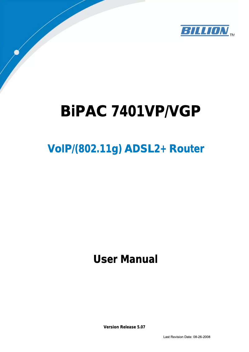 Page 1 de la notice Manuel utilisateur Billion BIPAC 7401VP
