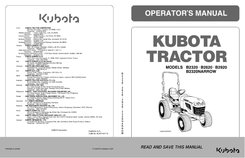 Page 1 de la notice Manuel utilisateur Kubota B2920