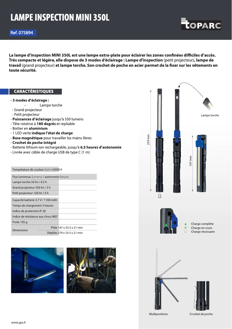 Page 1 de la notice Fiche technique GYS MINI 350L