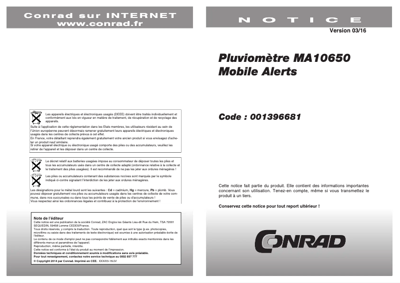 Page 1 de la notice Manuel utilisateur Techno Line MA 10650