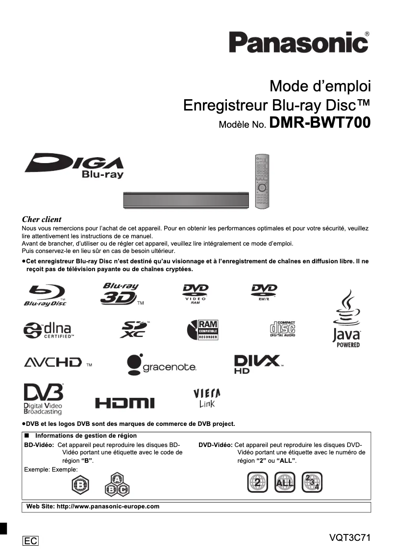 Page 1 of the manual User Manual Panasonic DMR-BWT700