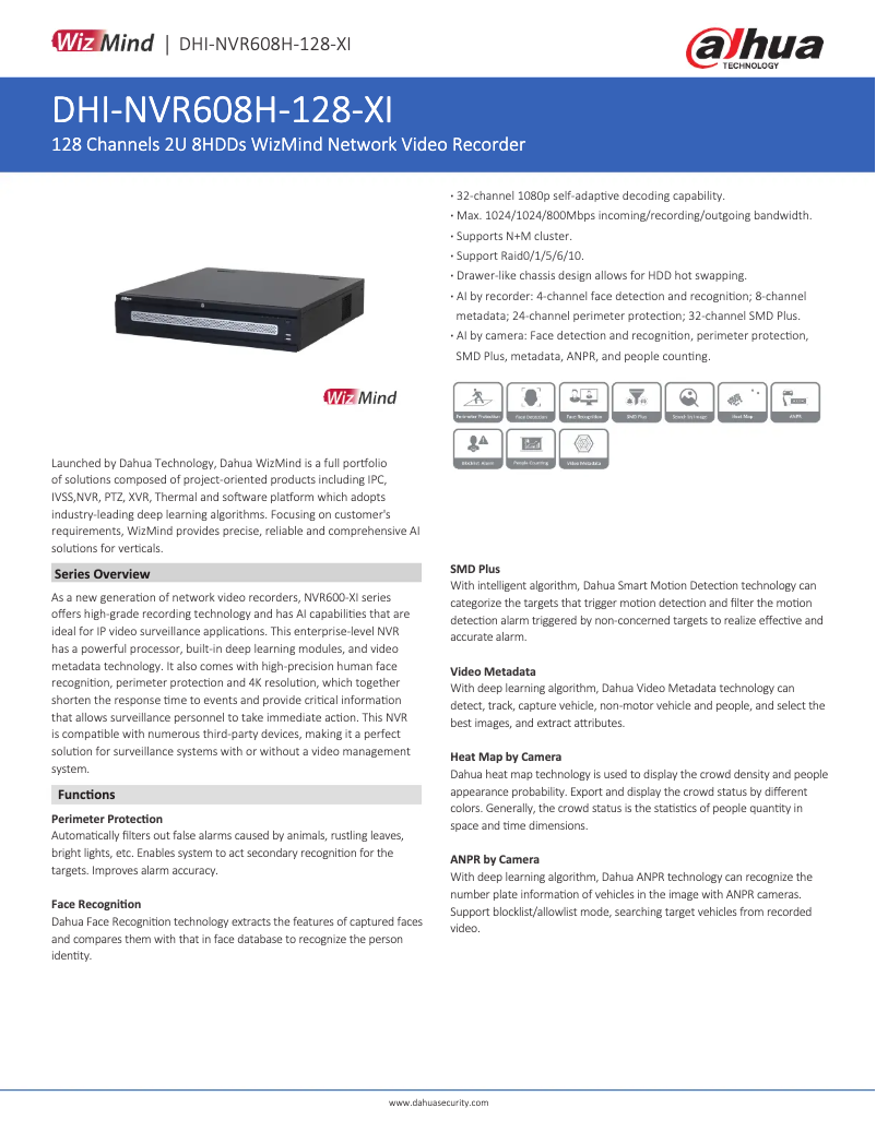 Page n°1 - Fiche technique Dahua Technology NVR608H-128-XI