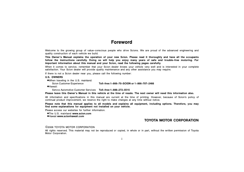 Page 1 de la notice Manuel utilisateur Scion tC (2007)