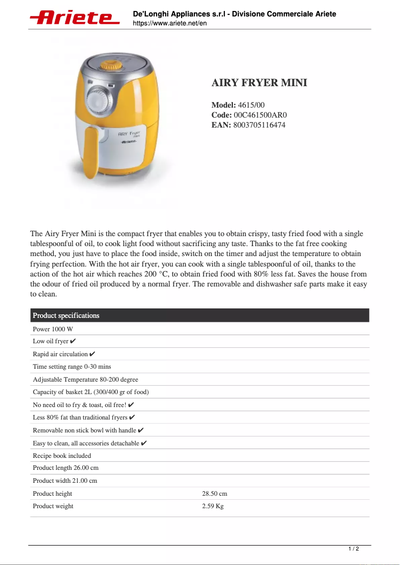 Image de la première page du manuel de l'appareil Airy Fryer mini 4615