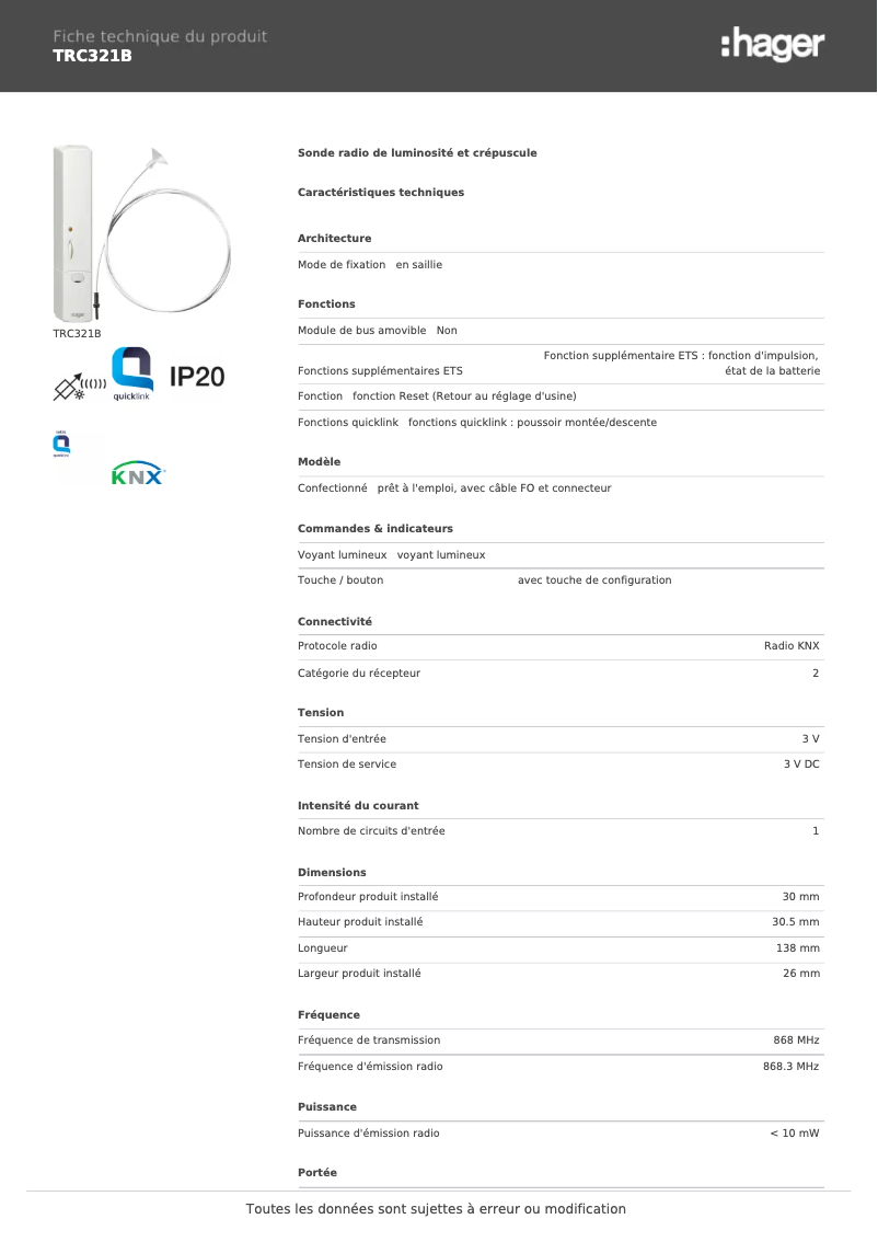 Page n°1 - Fiche technique Hager TRC321B
