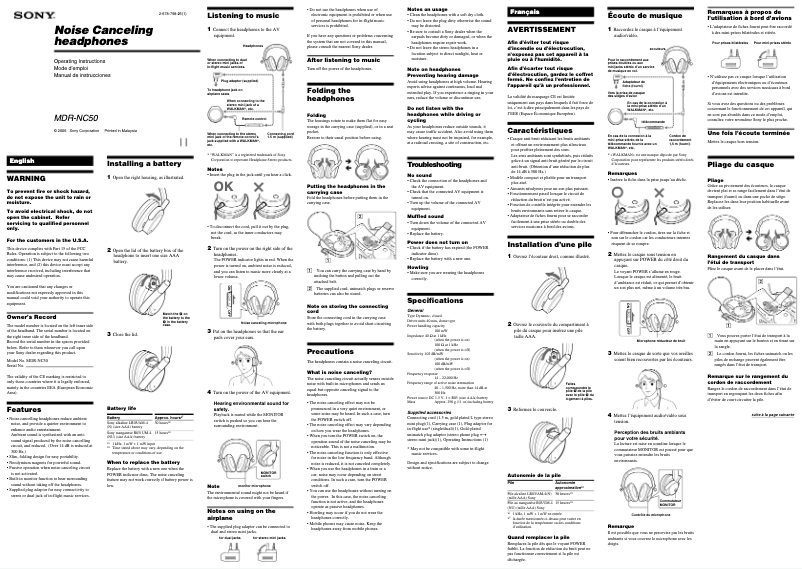 Page 1 de la notice Manuel utilisateur Sony MDR-NC50