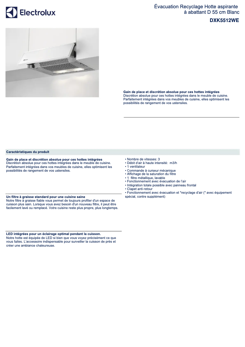 Page 1 de la notice Fiche technique Electrolux DXK5512WE